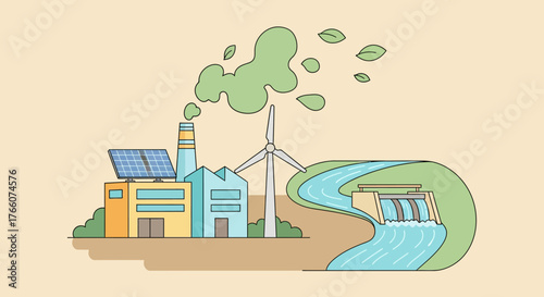 Renewable energy sources and industrial production illustration.