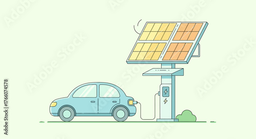 Electric car charging with solar power station clean energy concept.