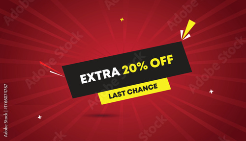 extra 20% off last chance web banner vector art template design badge icon label black gray yellow shapes white bold text dark red light sun shine abstract business background sale offer discount crea