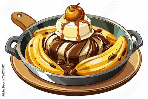 vector of Bananas Foster
Caramelized banana in butter sauce, brown sugar or essential oil
Served with vanilla ice cream.
Best for display: Serve in a shiny metal container or minimal white plate