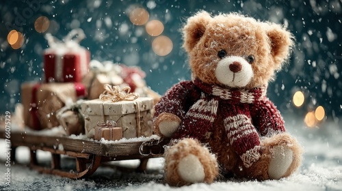 Cute teddy bear with a scarf next to a sled full of Christmas gifts.