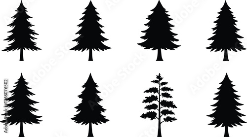 Tree silhouette collection, conifer shapes, forest icons, pine outlines, nature design, botanical clipart, evergreen vector, landscape elements, rustic style, illustration pack