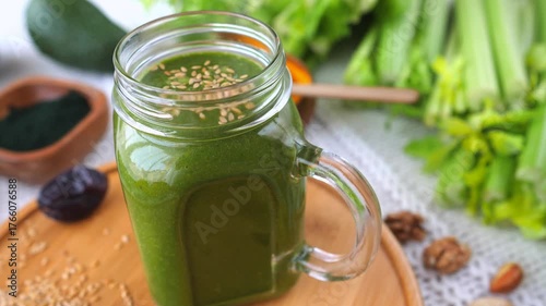 Freshly made green smoothie in a glass mason jar topped with sesame seeds, surrounded by healthy ingredients like celery, avocado, dates, walnuts, and spirulina powder for a detox diet
