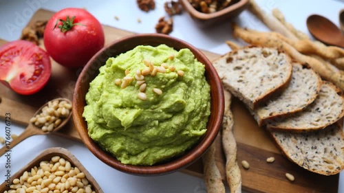Delicious and healthy vegan avocado dip in a wooden bowl, garnished with pine nuts and served with fresh tomatoes, whole grain breadsticks, and slices of wholegrain bread on a cutting board