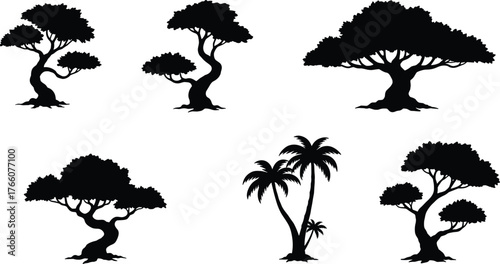 Tree silhouette illustration pack, black tree shapes, bonsai, palm, forest, nature clipart, isolated vector, decorative, landscape, design