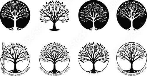 Tree silhouette icons, organic nature symbols, circular logo elements, seasonal tree design, minimal vector trees, black and white illustration pack