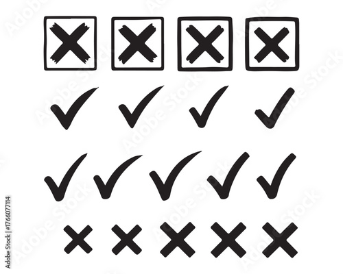 Hand drawn checkmarks and x marks vector illustration for design