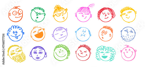 doodle emoji and Face crayon line icons in playful chalk sketch style with colorful hand-drawn smiles. Emoji doodle vector with fun expressions. Great for stickers, posters, kids projects