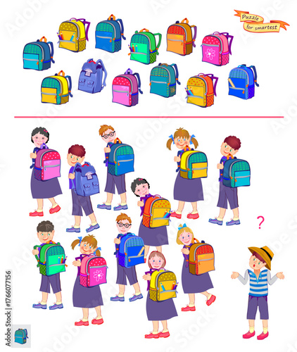 Game find and search. Can you help the boy find his backpack? Logic puzzle for children and adults. Brain teaser book. Task for attentiveness. Kids activity sheet. Hand drawn vector illustration.