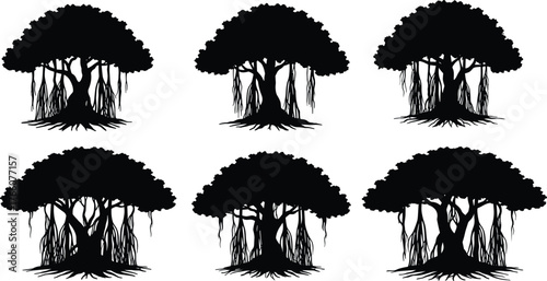 Tree silhouette illustration, banyan tree shapes, black nature art, artistic roots, dangling vines, dense canopy, vector clipart, isolated design, forest elements