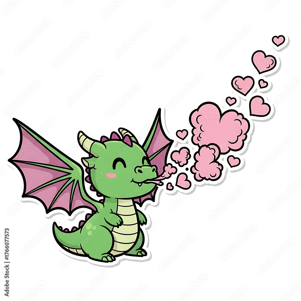 Obraz premium Green cartoon dragon blowing pink hearts isolated on white background