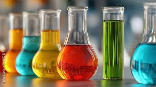 Vibrant glass flasks and test tubes with colorful liquids, reflecting a lab scene