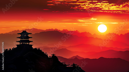 Dramatic Fiery Sunset over Asian Mountain Range with Traditional Pagoda Silhouette