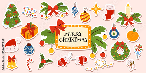 Vector Christmas sticker set with tree, wreath, gifts, ornaments, bows, and holiday decorations. Perfect for festive design, cards, wrapping, and winter crafts