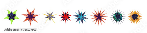Glitter star stickers with layered sequin textures in green, blue, red, gold, and purple. Shiny confetti sparkle effect in mixed geometric star shapes. Vector design for crafts, party decor