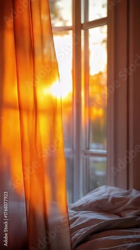 Warm morning sun glows through orange sheer curtains by a window and bed