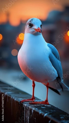 White seagull with red beak & legs stands on a wet railing, glowing cityscape background