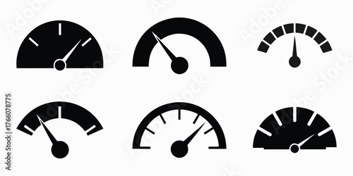 Collection of six black speedometers and gauges indicating different levels of performance and measurement