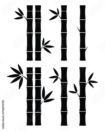 Stylized black silhouette of bamboo stalks with leaves on a white background minimalist design