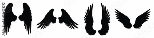 Collection of four distinct black silhouette angel wings designs isolated on a white background for creative use