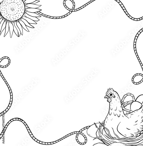 Hand drawn ink frame with ropes, hen, sunflower, eggs and nest, countryside illustration. Soft rustic illustration perfect for eco products packaging, farm projects or countryside invitation.