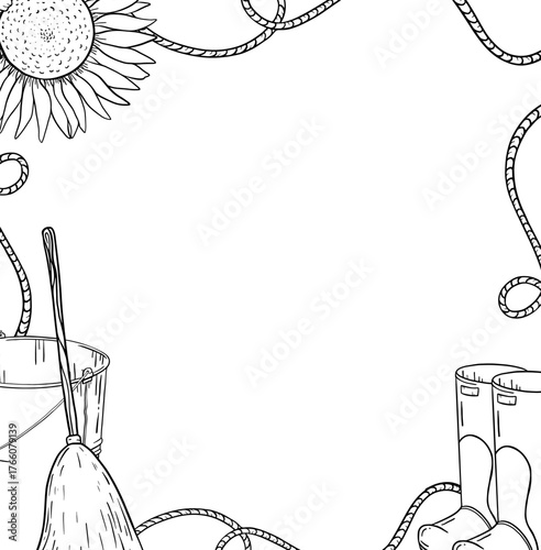Monochrome ink sketch square frame with broom, bucket, and rake arranged around the margins. Community cleanup theme suited for eco posters, invitations and volunteer projects.