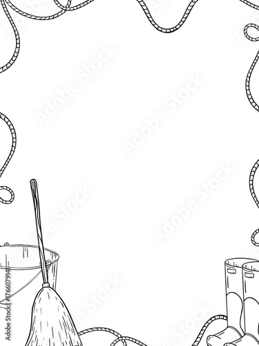 Monochrome ink sketch vertical frame with broom, bucket, and rake arranged around the margins. Community cleanup theme suited for eco posters, invitations and volunteer projects.