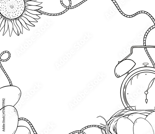 Delicate hand drawn ink frame with vintage alarm clock, eggs and nest, countryside illustration. Soft rustic illustration perfect for eco products packaging, farm projects or countryside invitation.