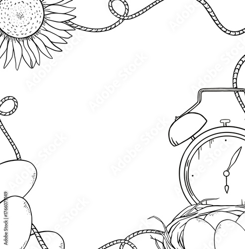 Delicate hand drawn ink frame with vintage alarm clock, eggs and nest, countryside illustration. Soft rustic illustration perfect for eco products packaging, farm projects or countryside invitation.