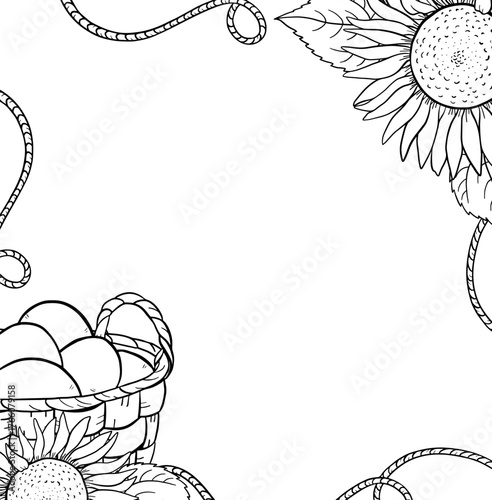 Hand drawn ink frame with ropes, sunflower, eggs in woven basket, countryside illustration. Soft rustic illustration perfect for eco products packaging, farm projects or countryside invitation.
