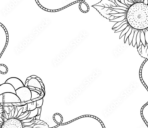 Hand drawn ink frame with ropes, sunflower, eggs in woven basket, countryside illustration. Soft rustic illustration perfect for eco products packaging, farm projects or countryside invitation.
