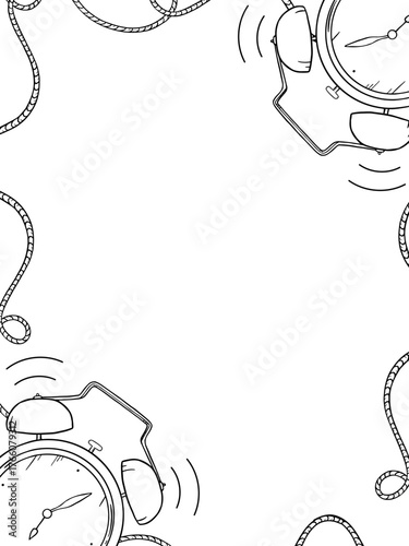Hand drawn farmhouse style frame with cups and breakfast motifs forming a loose decorative corner border, leaving central space for text. Suitable for cozy morning cafe menu or rustic kitchen label.