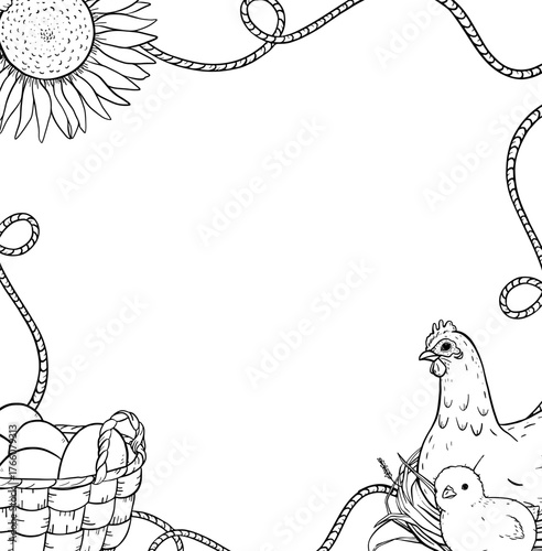 Delicate hand drawn ink frame with hen, chick, eggs and basket, countryside illustration. Soft rustic illustration perfect for eco products packaging, farm projects or countryside invitation.