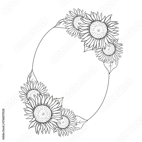 Diagonal oval ink sunflower wreath with flowers arranged along one side, creating an elegant asymmetrical botanical frame. Perfect for rustic wedding design, summer label or organic branding.