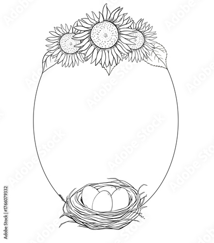 Hand drawn black and white ink oval wreath with sunflowers on top and a nest with eggs at the base. Gentle rustic frame ideal for Easter greeting, farm product label or spring celebration design.