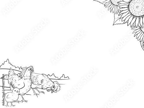 Hand drawn ink countryside frame with hens with chicks, a rural landscape, forming a gentle border with open space for text. Ideal for farm label, village festival card or rustic children illustration