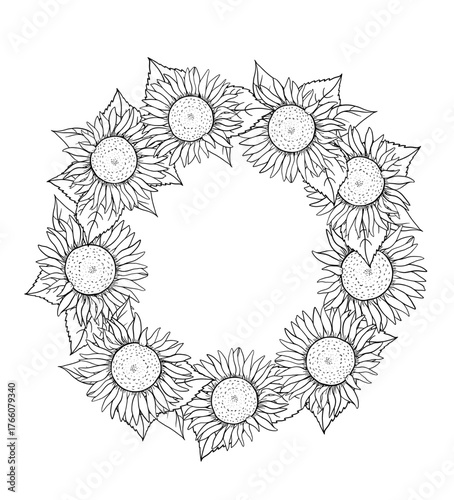 Black and white hand drawn ink illustration showing a wreath of sunflowers with leaves Ideal for botanical stationery, greeting cards, packaging, wall art, wedding or vintage themed projects.
