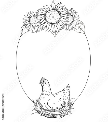 Oval ink farmhouse wreath with blooming sunflowers on top and a hen resting at the bottom. Hand drawn rustic composition ideal for countryside festival label or organic farm branding.