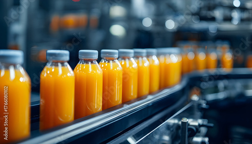 Modern production line for bottling and packaging natural juices and drinks. Concept of an industrial juice bottling plant, conveyor with juice.