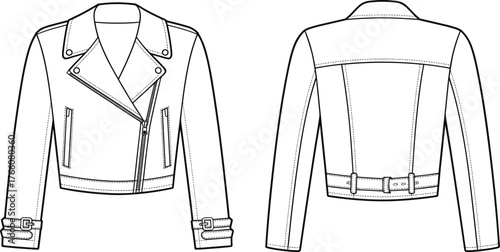 Biker jacket technical flat, front and back view, asymmetrical zipper, notched lapel collar, buckle details, fashion sketch, garment construction