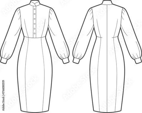 Dress fashion sketch, technical flat drawing, front and back view, high collar, button placket, voluminous sleeves, midi length