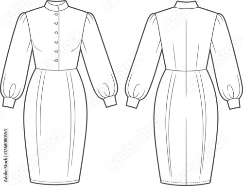 Dress fashion sketch, technical flat drawing, front and back view, stand collar, bishop sleeves, button front, pencil skirt silhouette