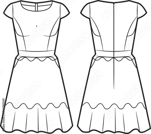 Dress fashion sketch, technical flat drawing, front and back view, scalloped seam detail, pleated skirt, waistband, short sleeve design