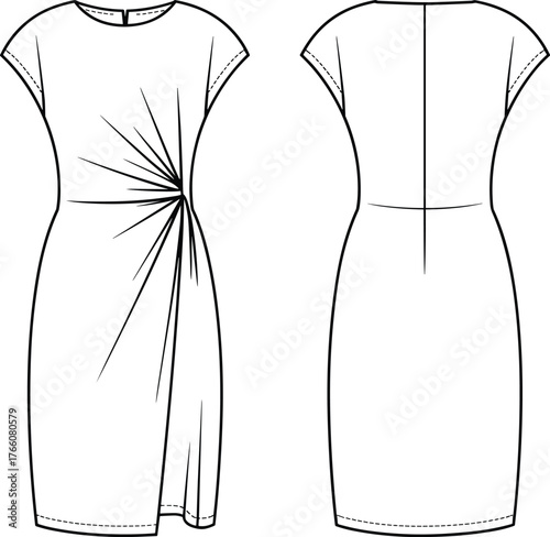 Dress fashion sketch, technical flat drawing, front and back view, starburst pleats, asymmetrical hem, cap sleeve, fitted silhouette
