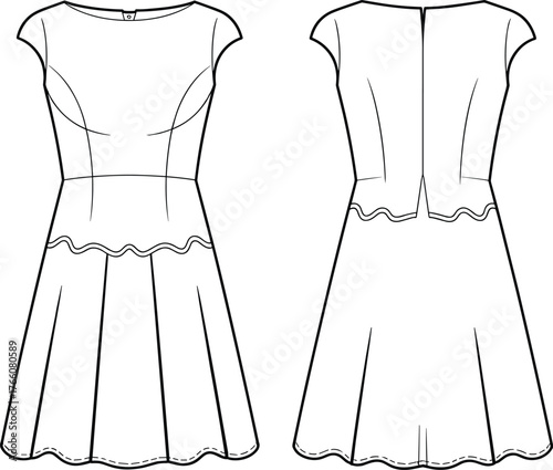 Dress fashion sketch, technical flat drawing, front and back view, wavy seam detail, princess lines, cap sleeve, A-line silhouette