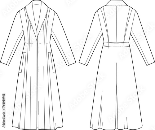 Long coat fashion sketch, technical flat drawing, front and back view, notched lapel, welt pockets, tailored silhouette, formal outerwear