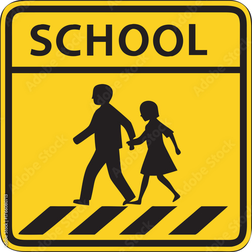 School crossing sign alerting drivers to children walking safely across roadway isolated on transparent background