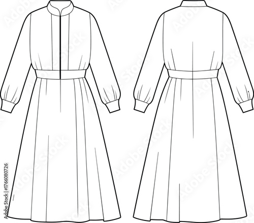 Long sleeve dress technical flat, front and back view, banded collar, pleated skirt, waistband detail, fashion sketch, garment construction