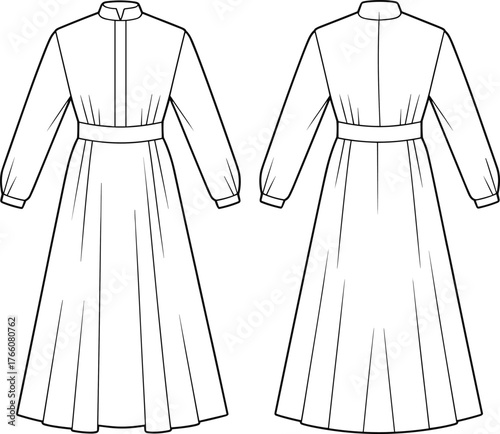 Long sleeve dress technical flat, front and back view, high collar, pleated skirt, fashion sketch, vector illustration, garment construction