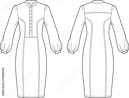 Long sleeve dress technical flat, front and back view, puffed sleeves, princess seams, high neckline, fashion sketch, garment construction